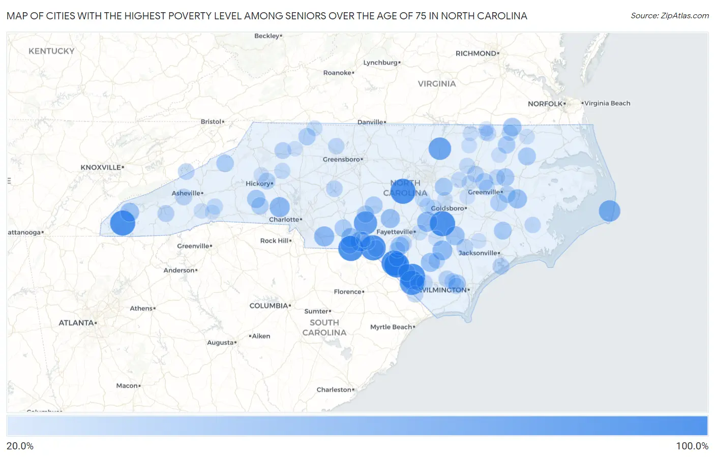 Cities with the Highest Poverty Level Among Seniors Over the Age of 75 in North Carolina Map