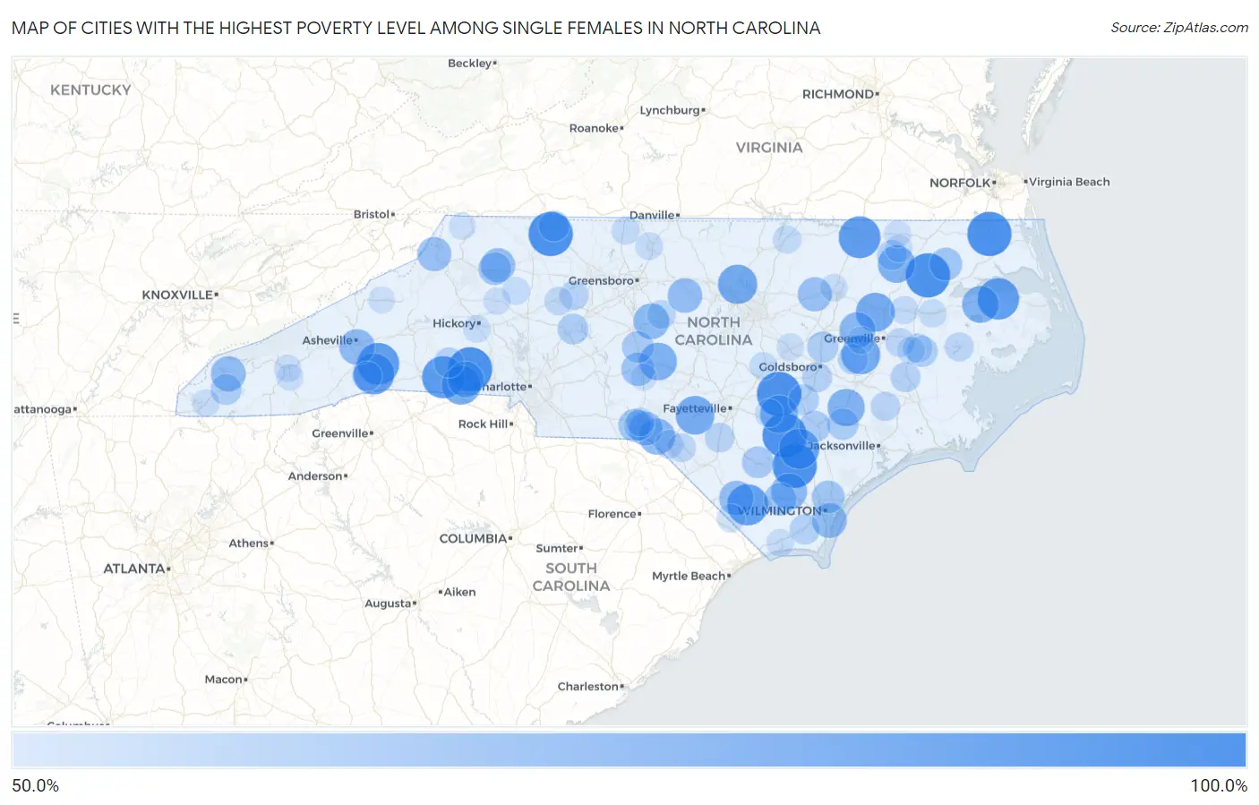 Cities with the Highest Poverty Level Among Single Females in North Carolina Map