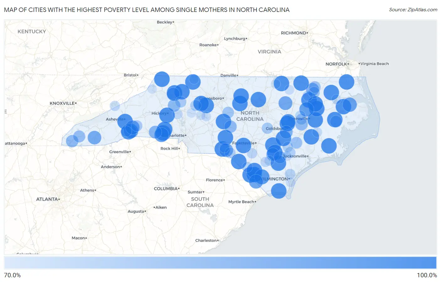 Cities with the Highest Poverty Level Among Single Mothers in North Carolina Map