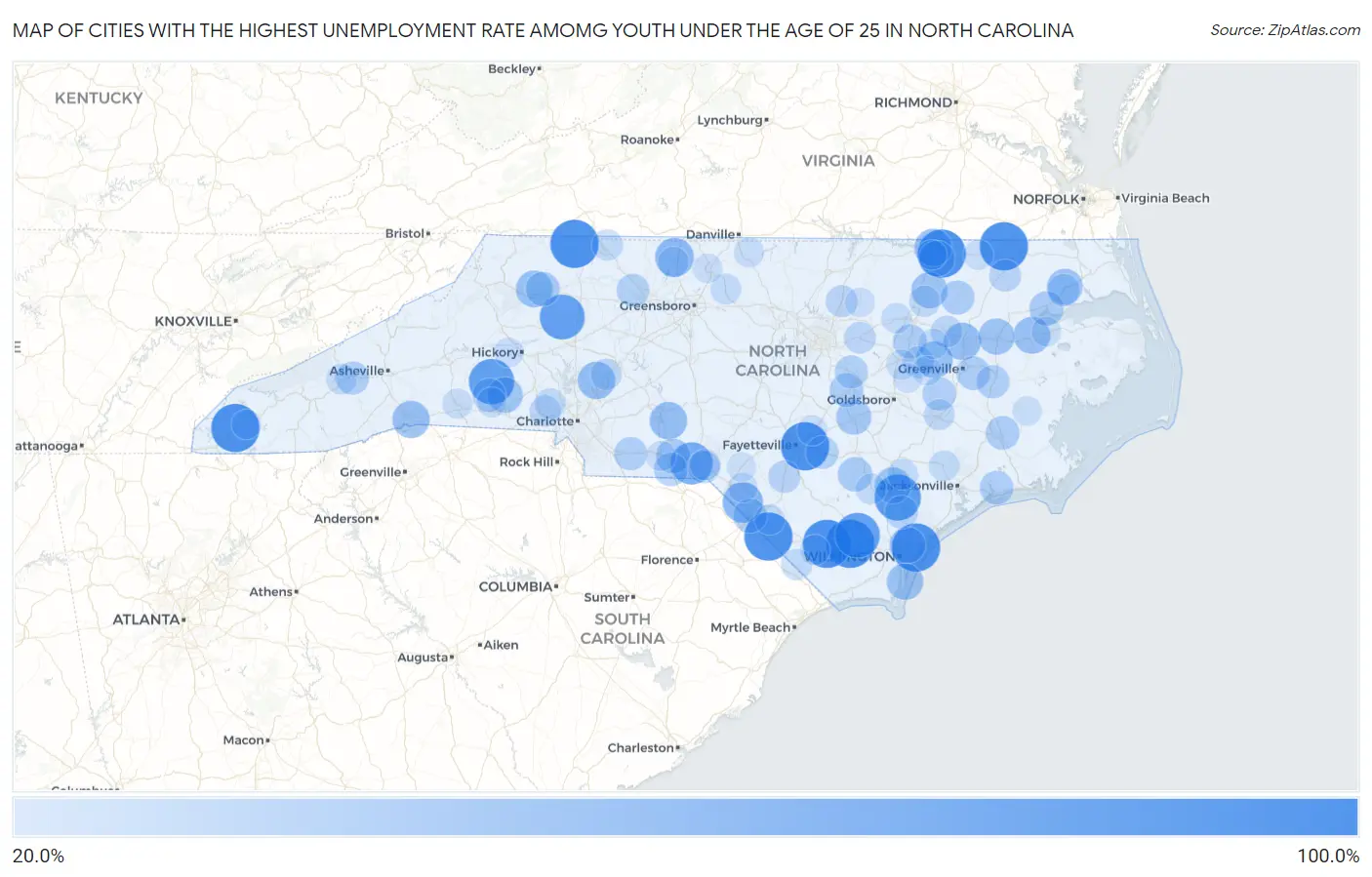 Cities with the Highest Unemployment Rate Amomg Youth Under the Age of 25 in North Carolina Map