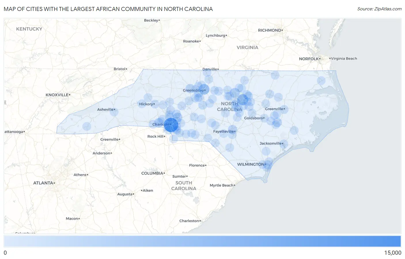 Cities with the Largest African Community in North Carolina Map