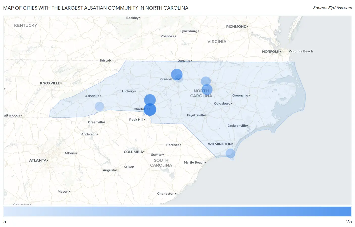 Cities with the Largest Alsatian Community in North Carolina Map