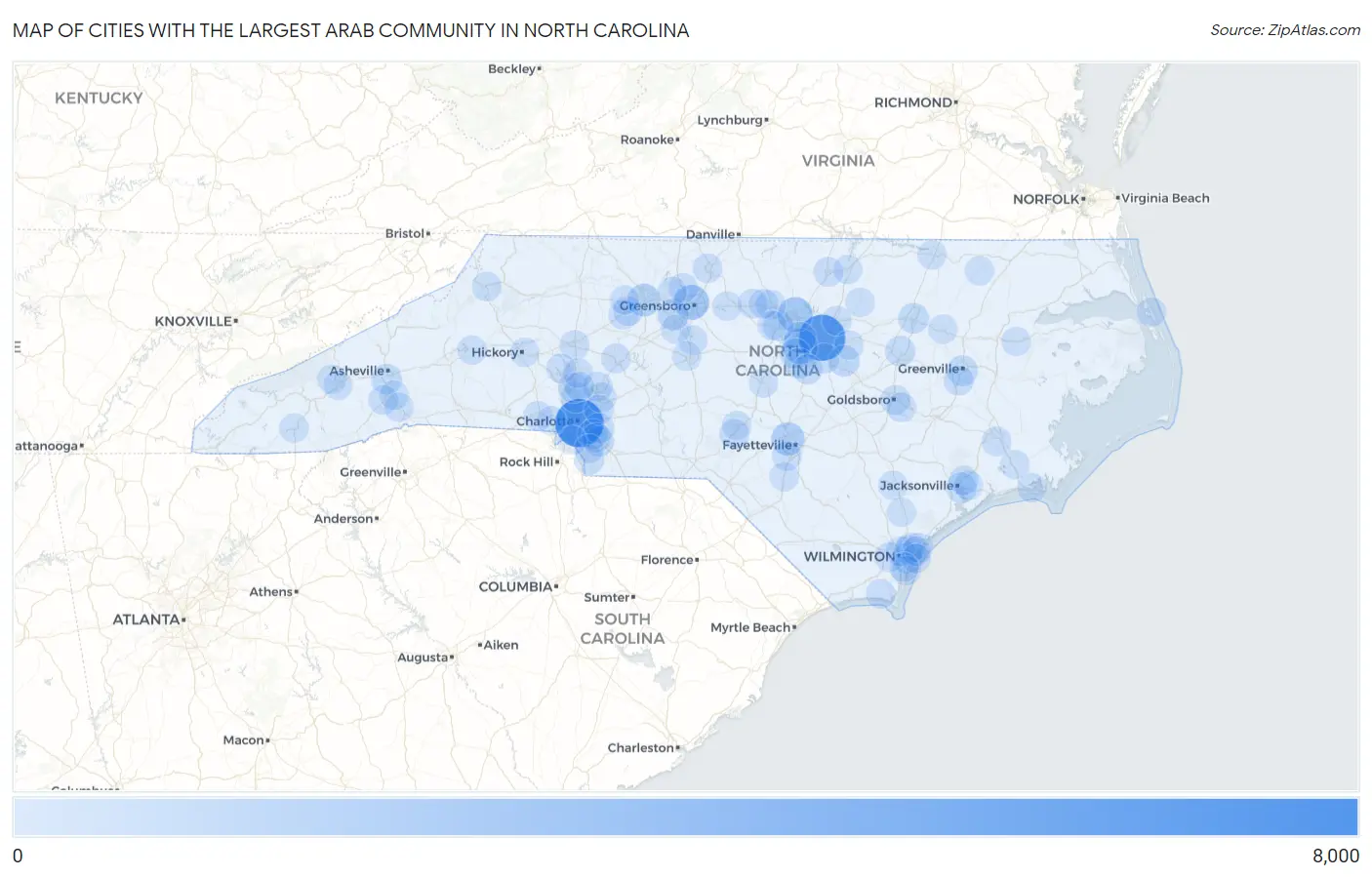 Cities with the Largest Arab Community in North Carolina Map