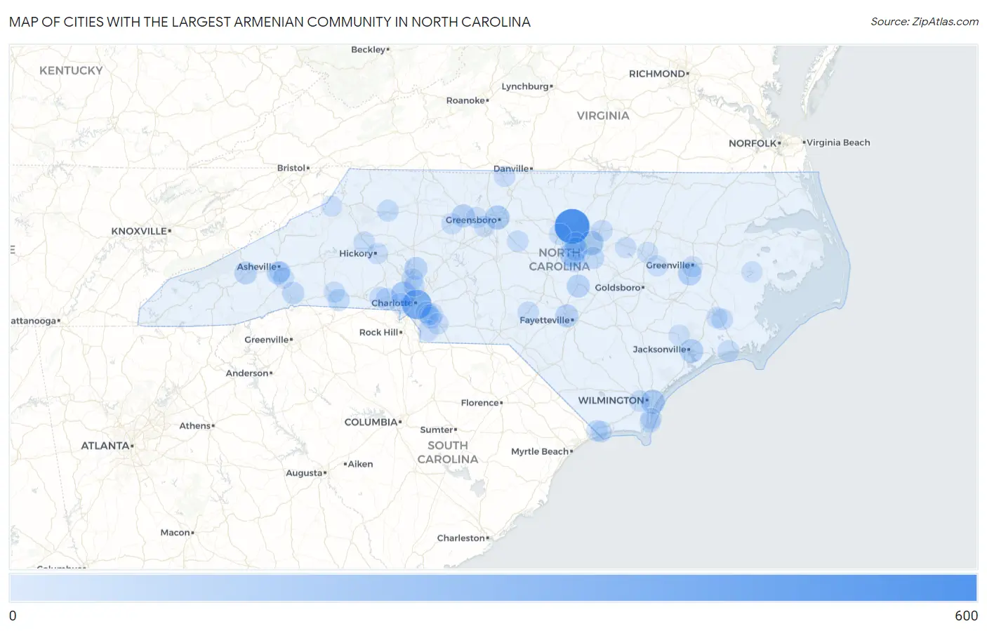 Cities with the Largest Armenian Community in North Carolina Map