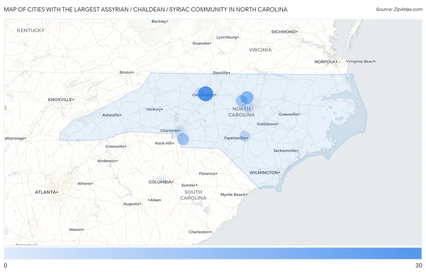Cities with the Largest Assyrian / Chaldean / Syriac Community in North Carolina Map