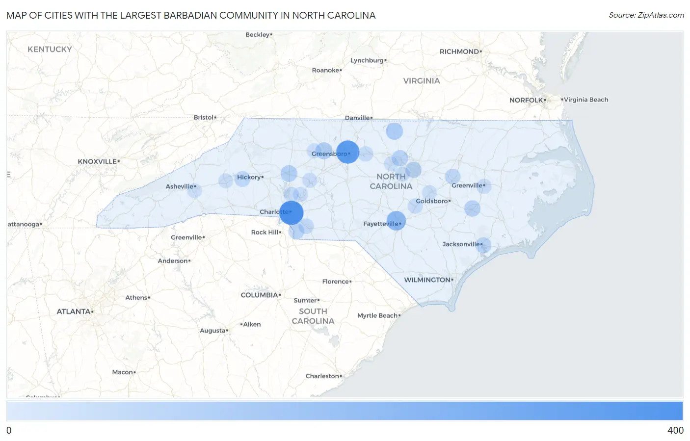 Cities with the Largest Barbadian Community in North Carolina Map