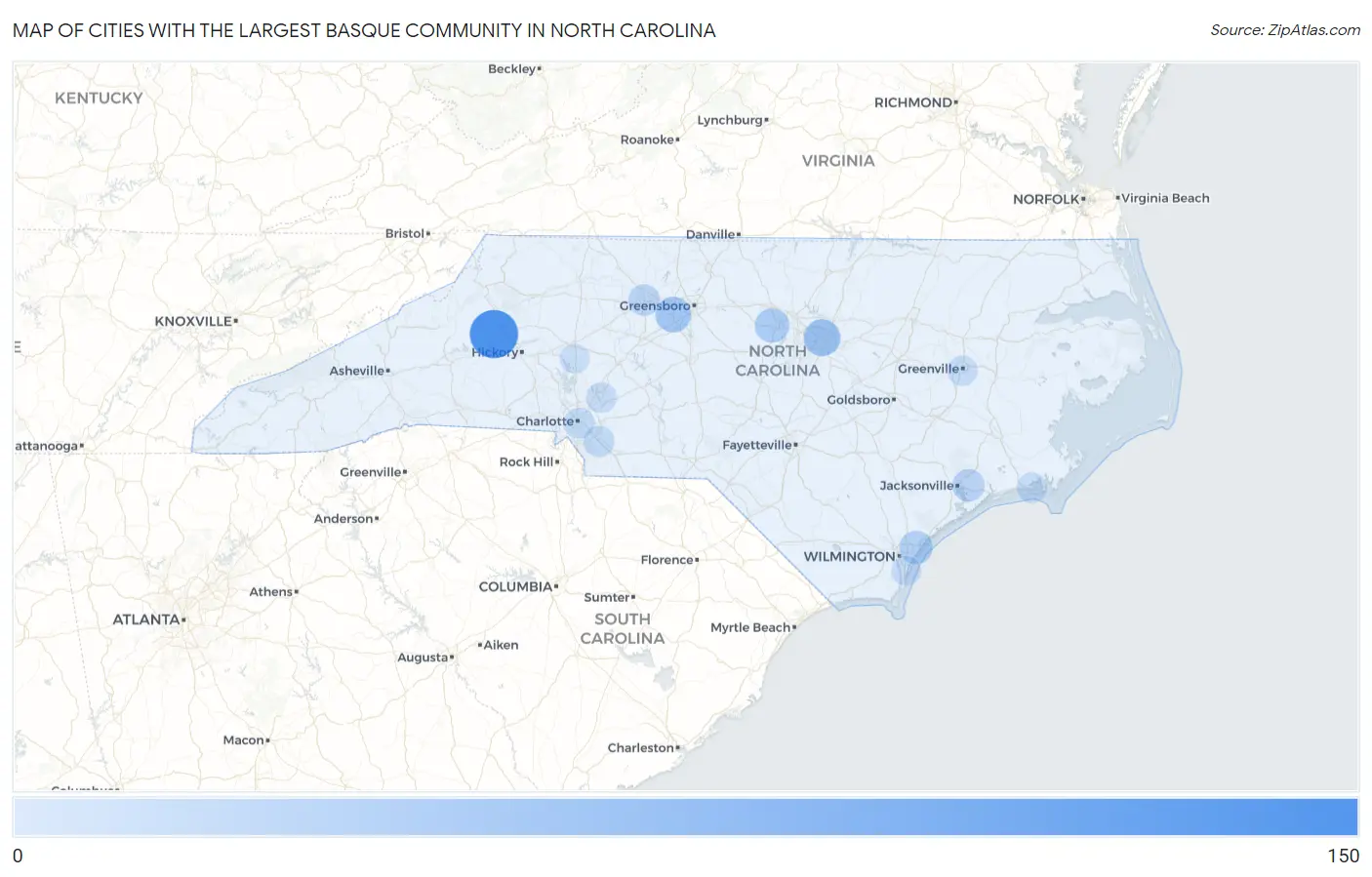 Cities with the Largest Basque Community in North Carolina Map