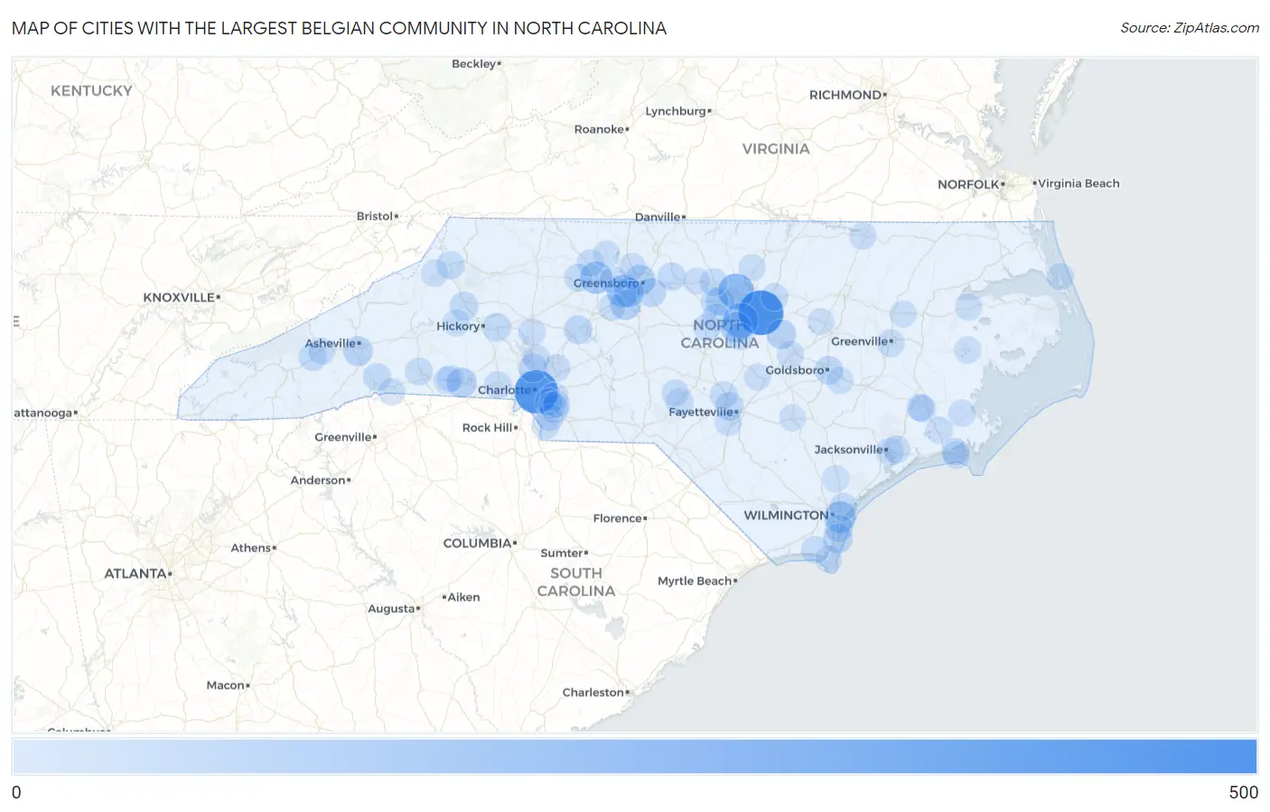 Cities with the Largest Belgian Community in North Carolina Map
