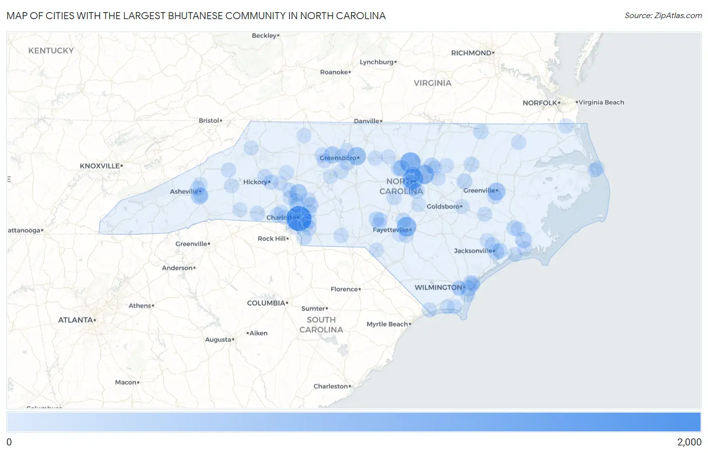 Cities with the Largest Bhutanese Community in North Carolina Map