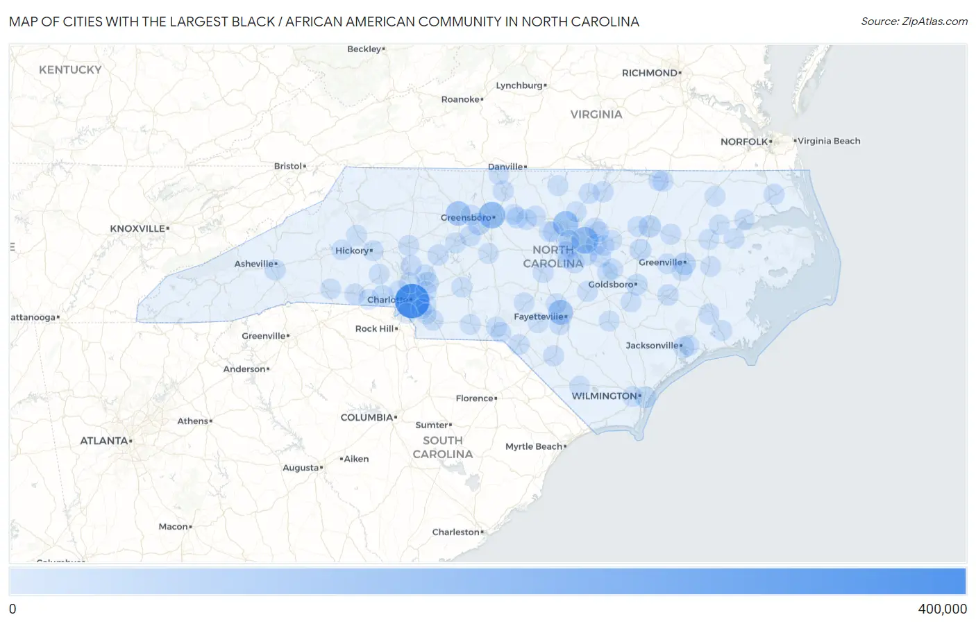 Cities with the Largest Black / African American Community in North Carolina Map