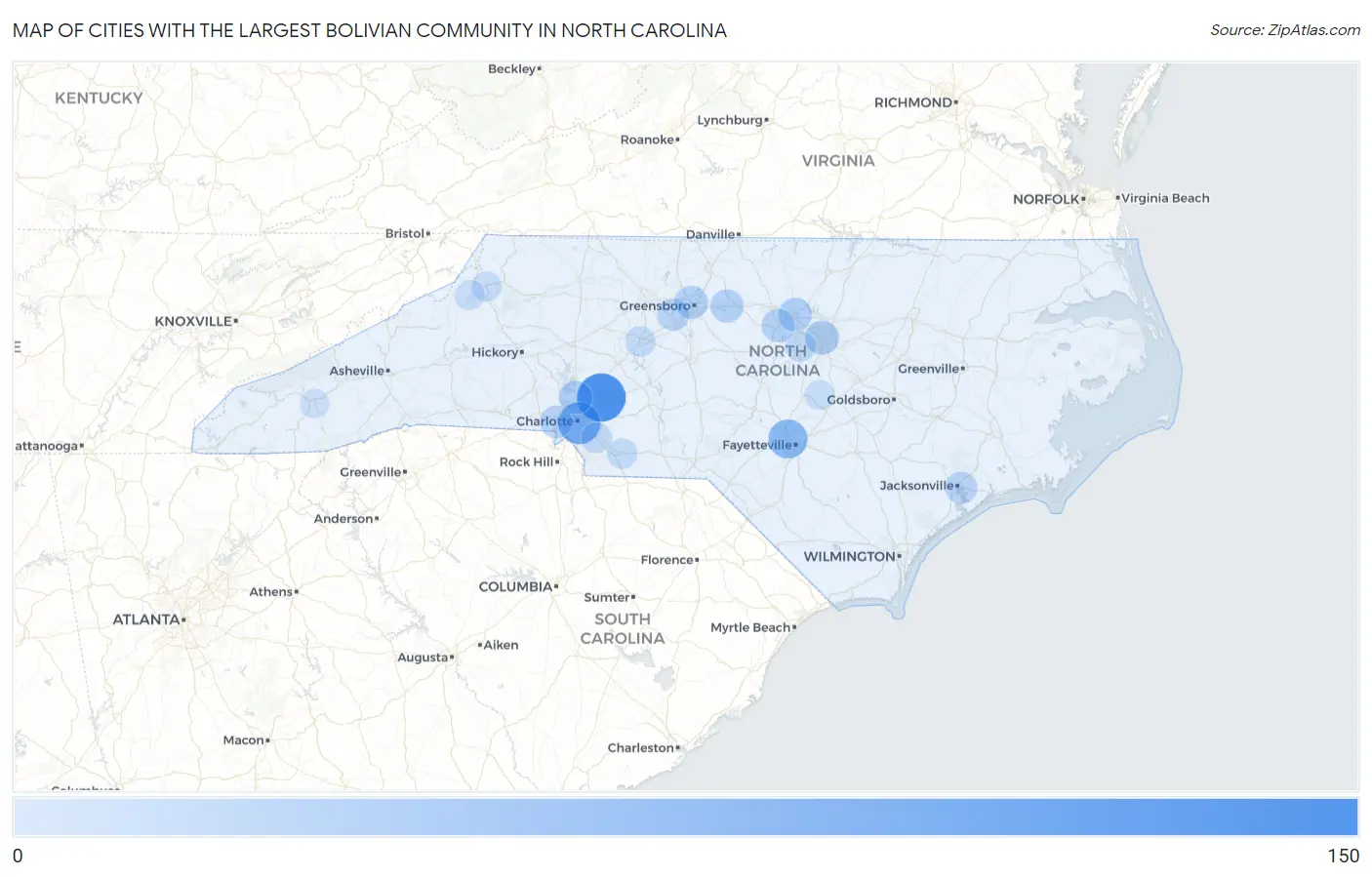 Cities with the Largest Bolivian Community in North Carolina Map