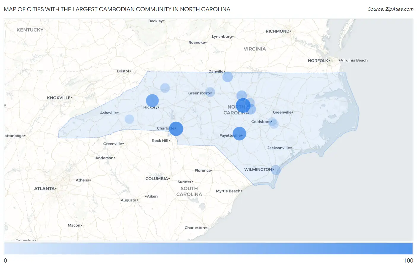 Cities with the Largest Cambodian Community in North Carolina Map