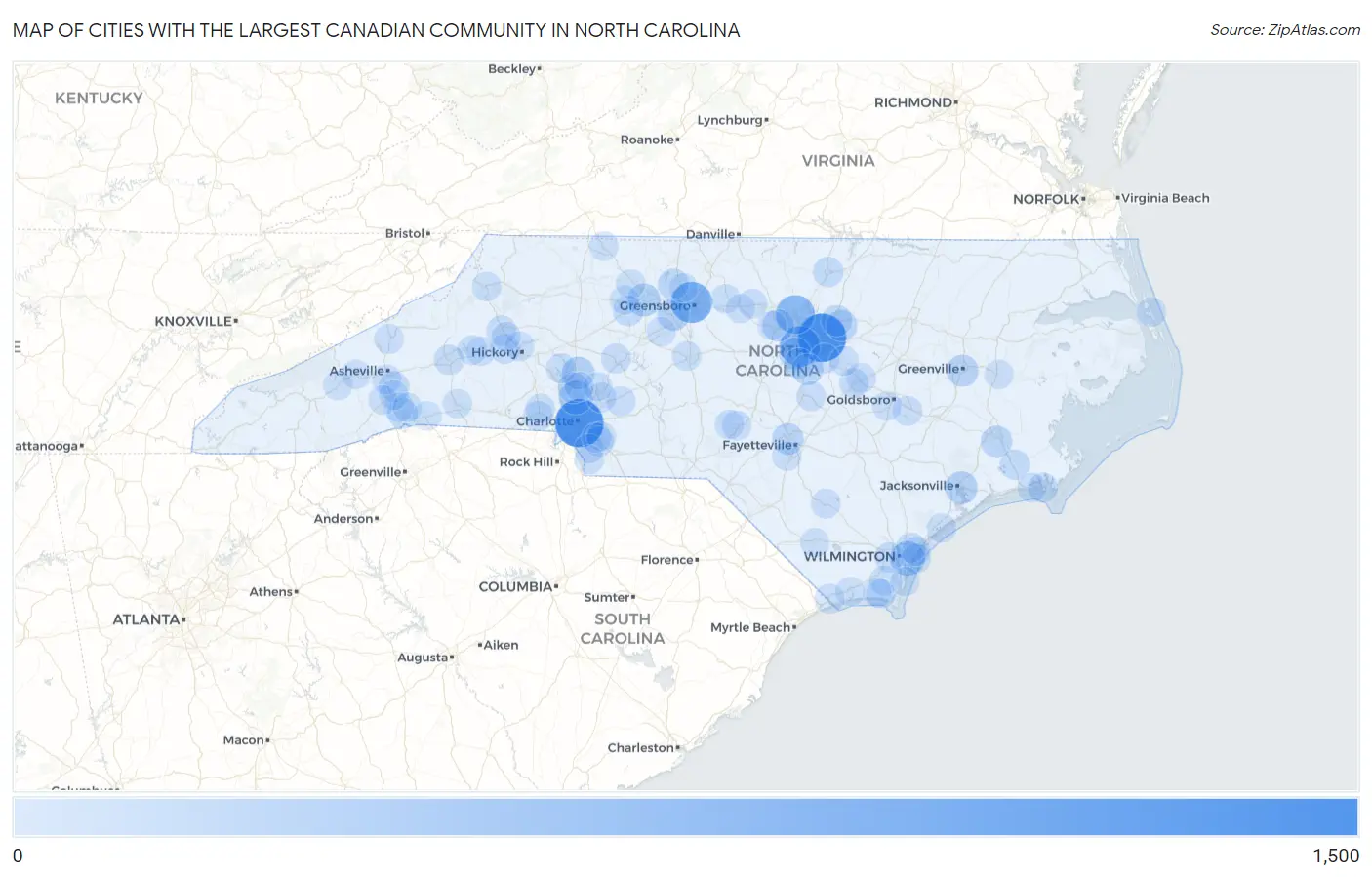 Cities with the Largest Canadian Community in North Carolina Map
