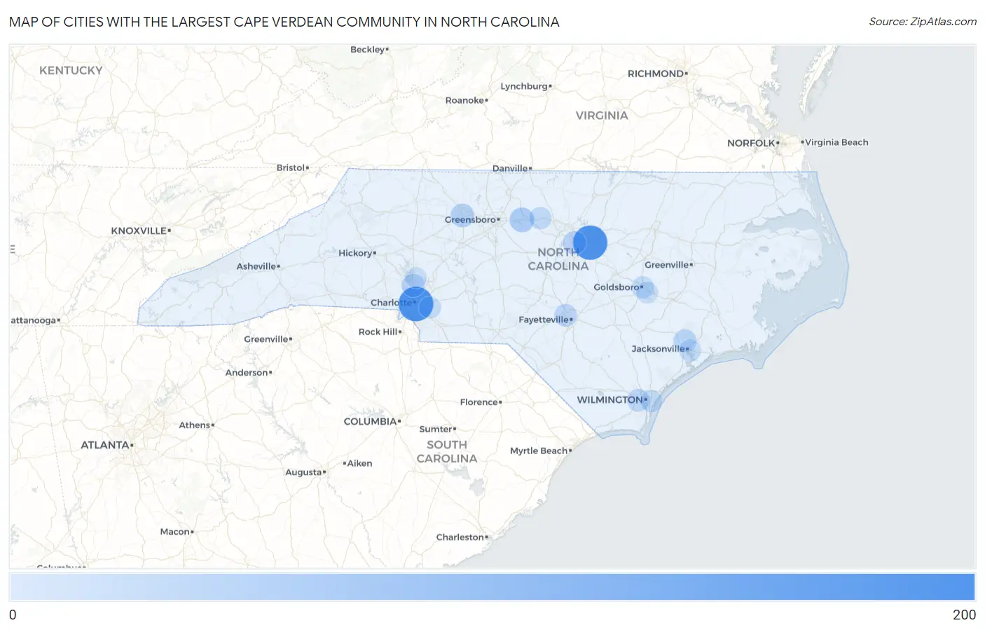 Cities with the Largest Cape Verdean Community in North Carolina Map