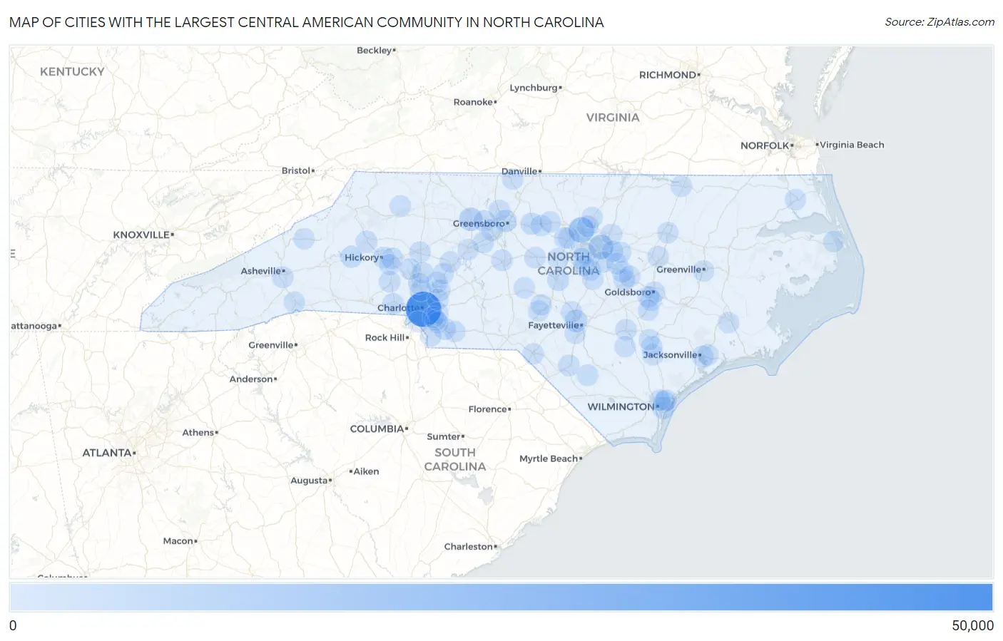 Cities with the Largest Central American Community in North Carolina Map