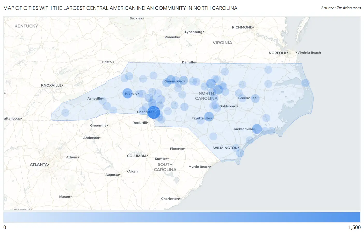 Cities with the Largest Central American Indian Community in North Carolina Map