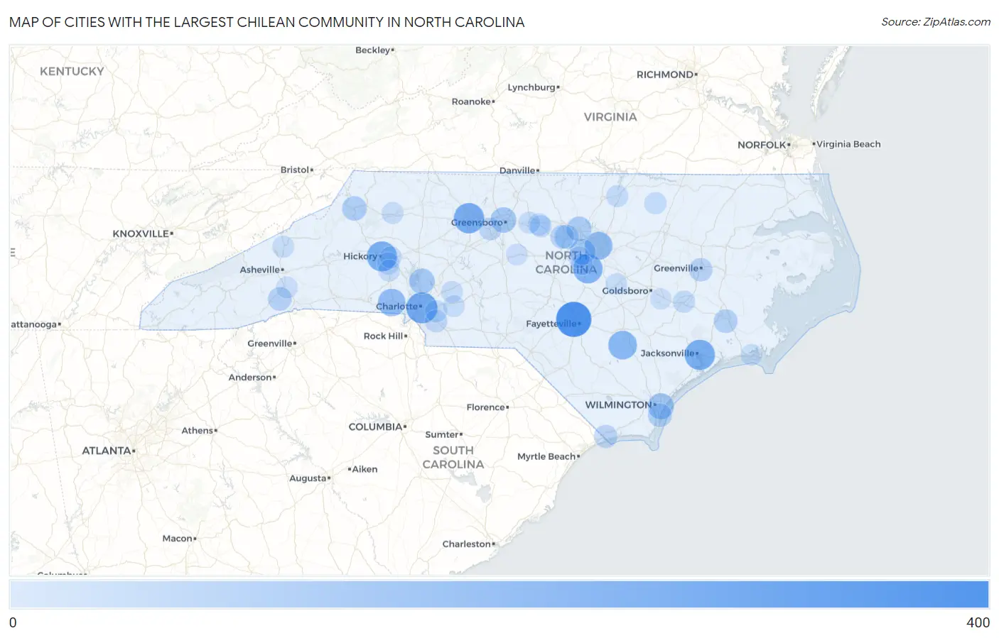 Cities with the Largest Chilean Community in North Carolina Map