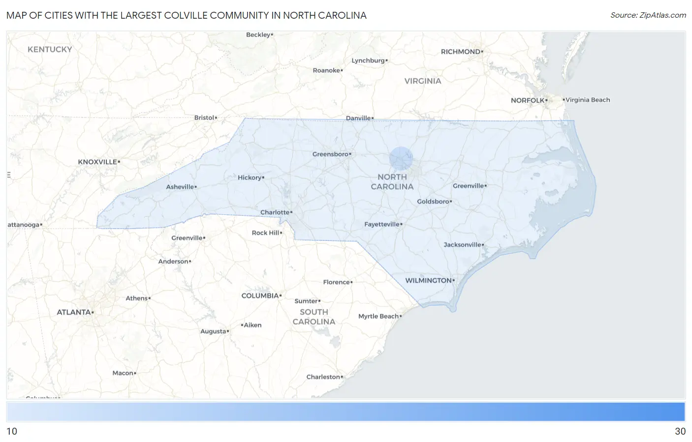 Cities with the Largest Colville Community in North Carolina Map