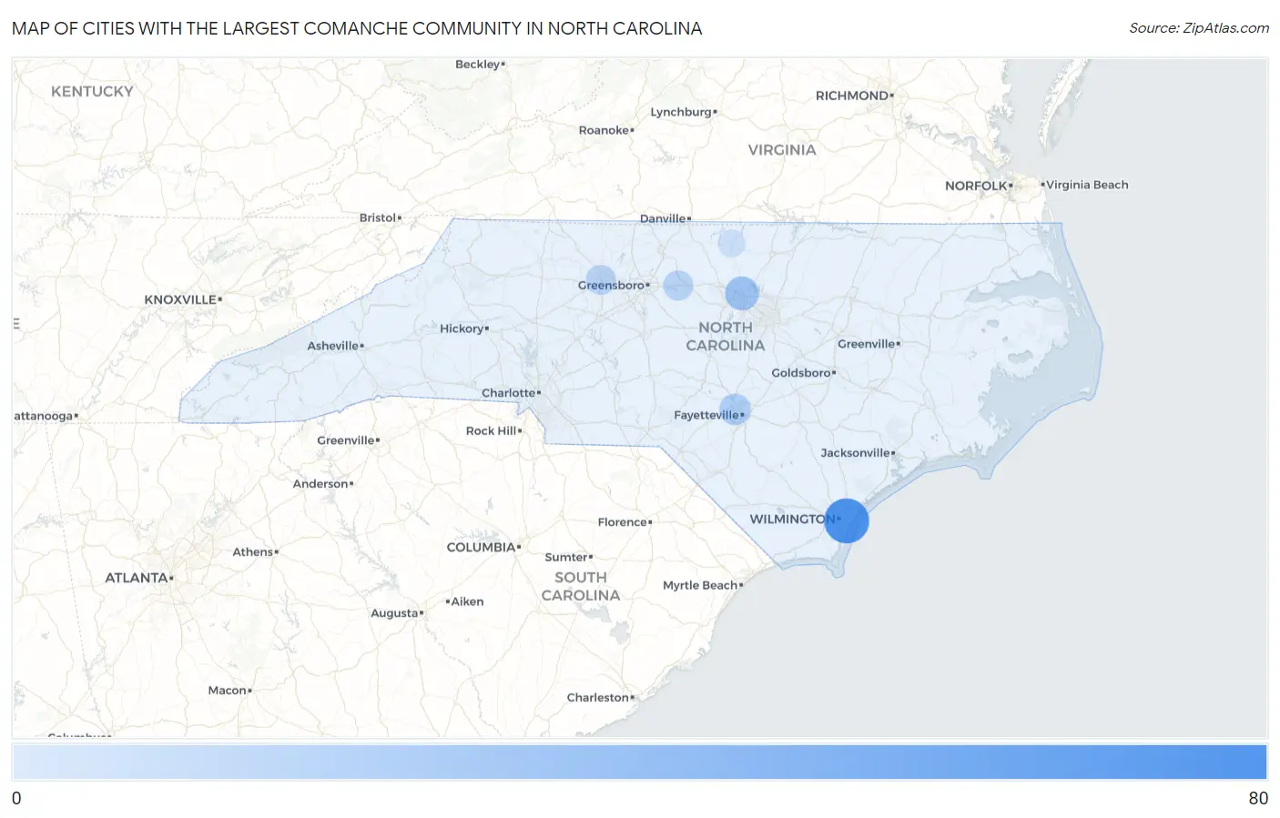 Cities with the Largest Comanche Community in North Carolina Map