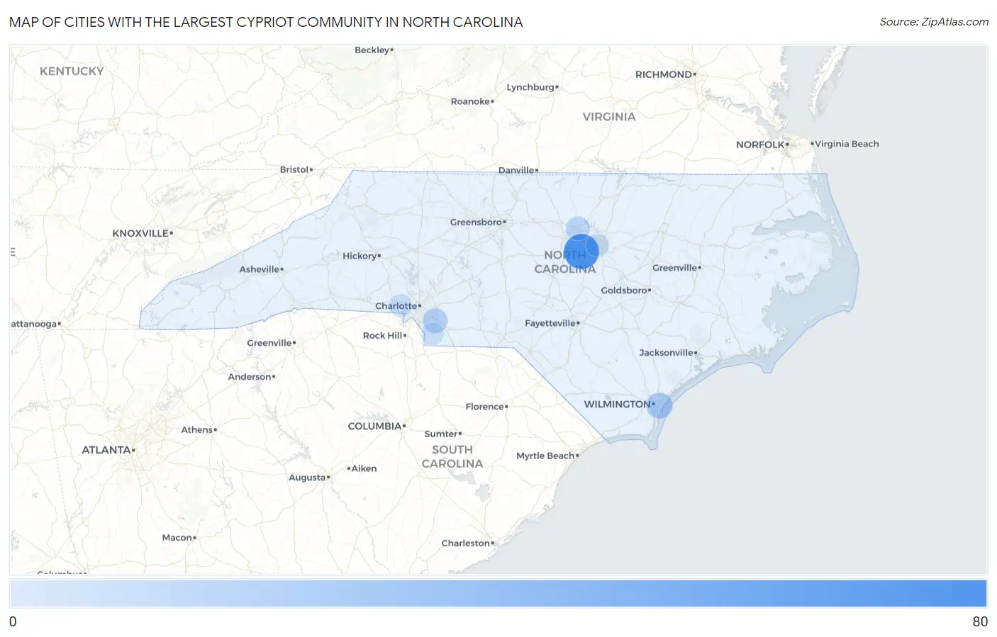 Cities with the Largest Cypriot Community in North Carolina Map