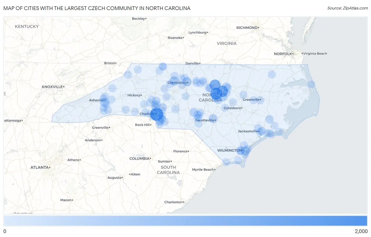 Cities with the Largest Czech Community in North Carolina Map