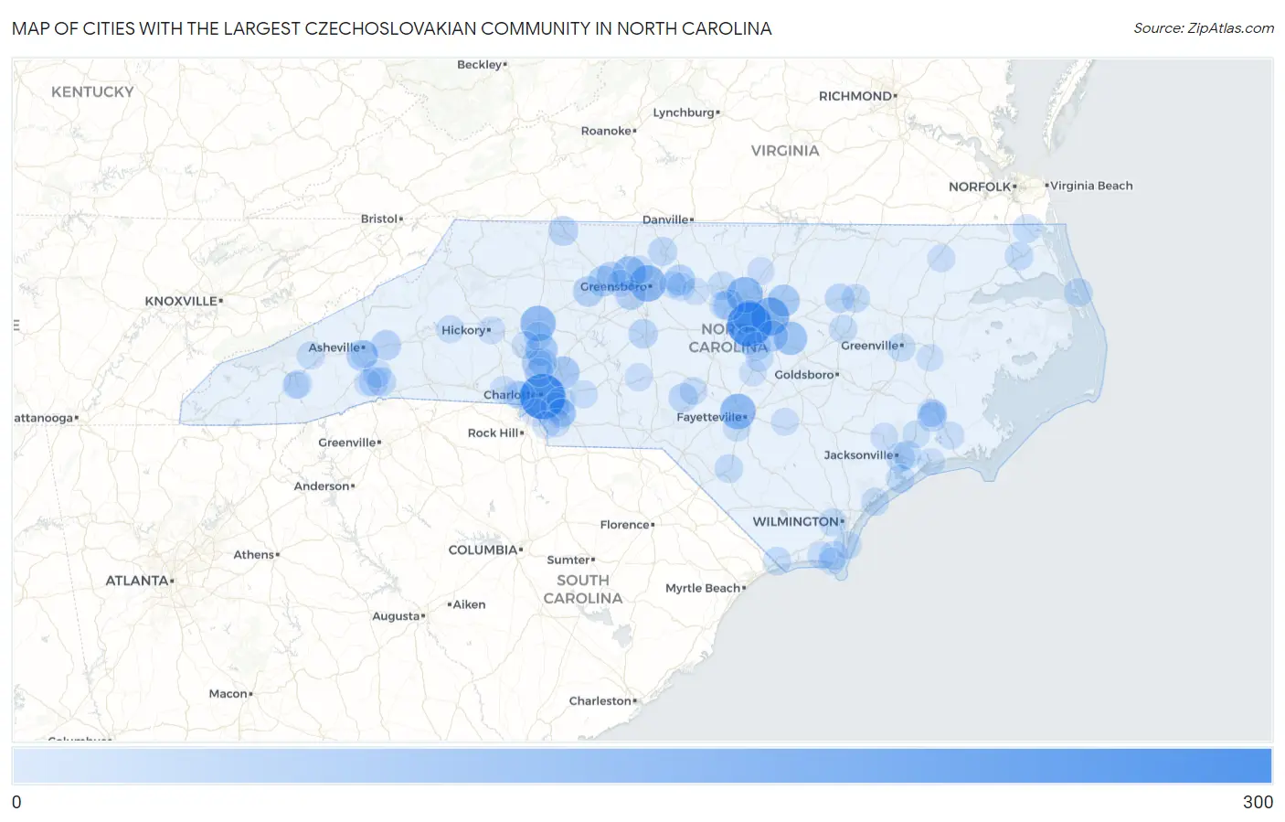 Cities with the Largest Czechoslovakian Community in North Carolina Map