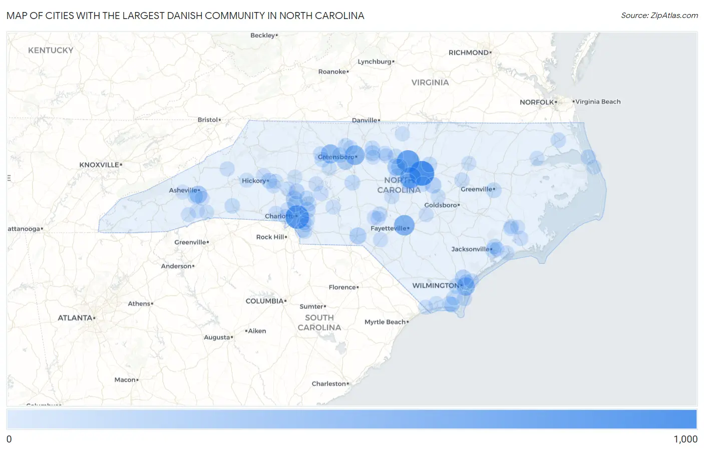 Cities with the Largest Danish Community in North Carolina Map
