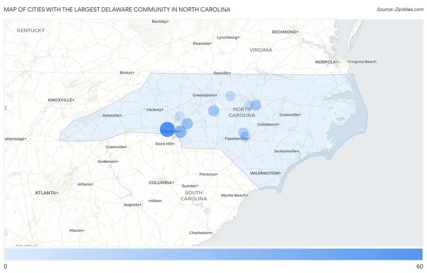 Cities with the Largest Delaware Community in North Carolina Map