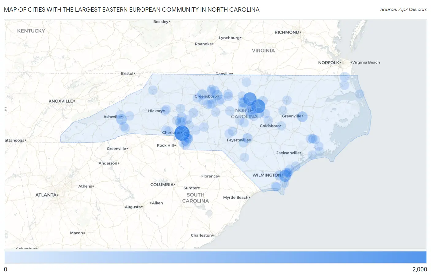 Cities with the Largest Eastern European Community in North Carolina Map