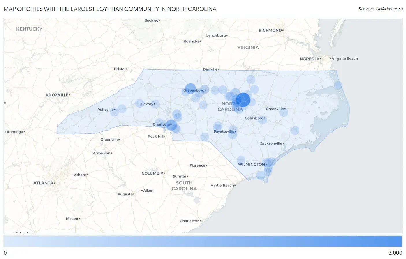 Cities with the Largest Egyptian Community in North Carolina Map