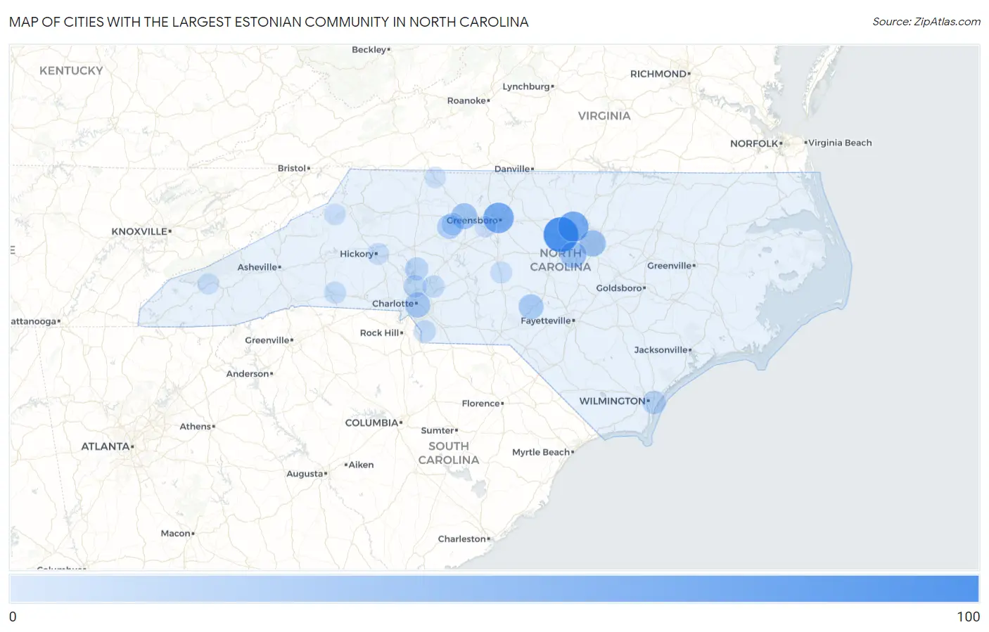 Cities with the Largest Estonian Community in North Carolina Map