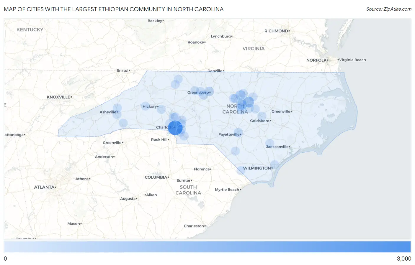 Cities with the Largest Ethiopian Community in North Carolina Map