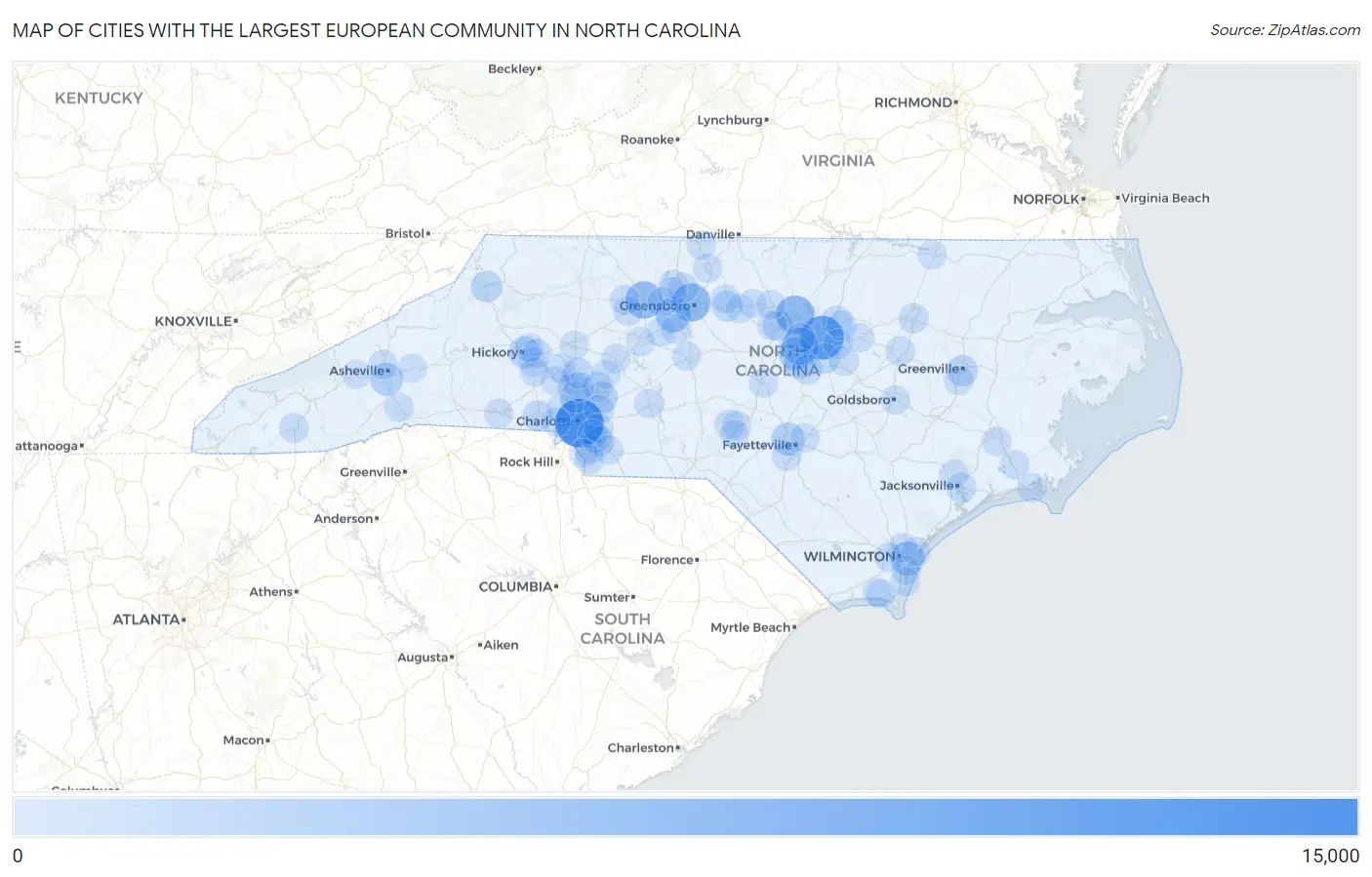 Cities with the Largest European Community in North Carolina Map