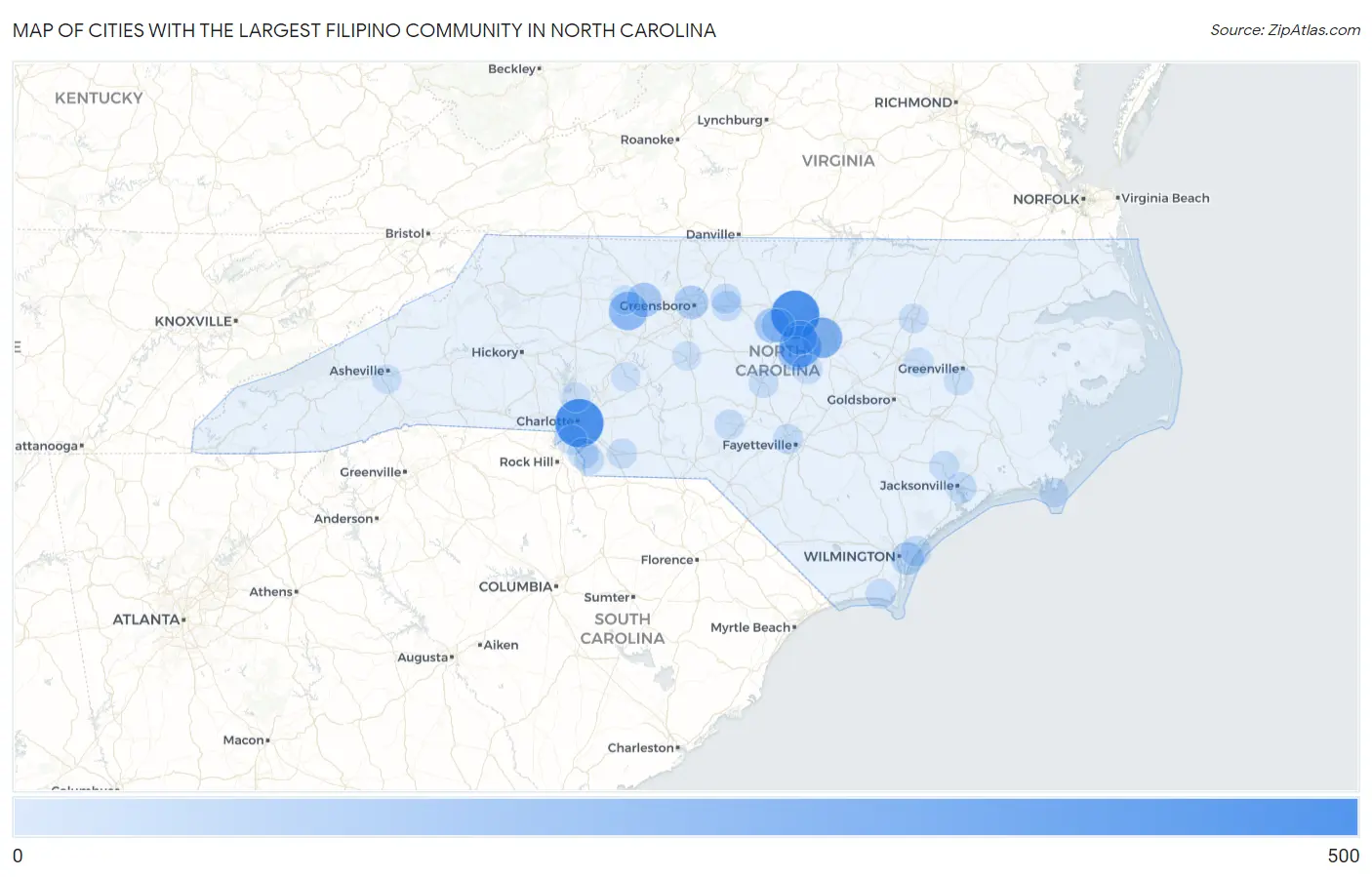 Cities with the Largest Filipino Community in North Carolina Map