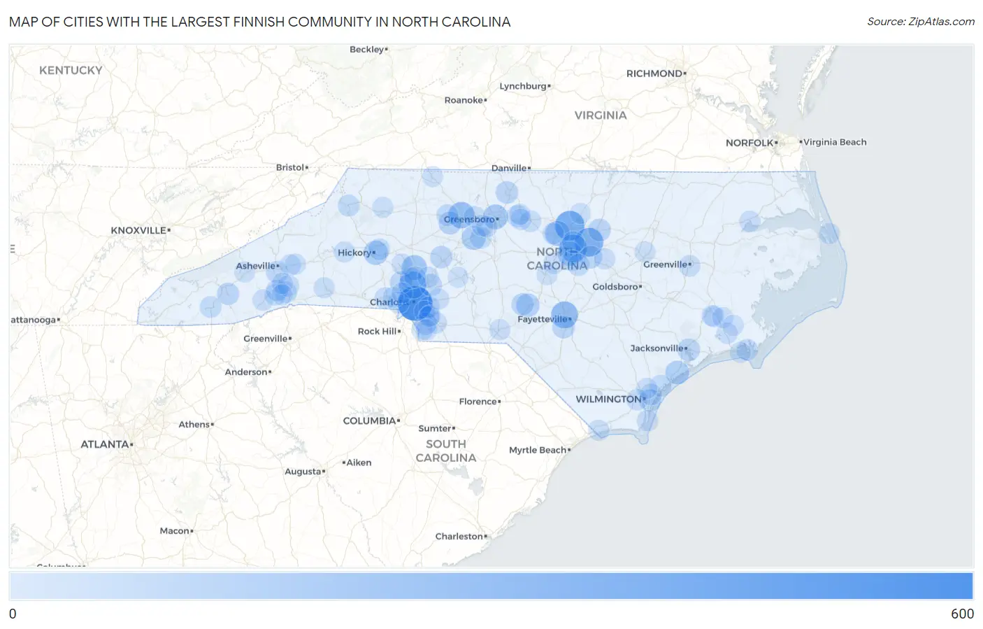 Cities with the Largest Finnish Community in North Carolina Map