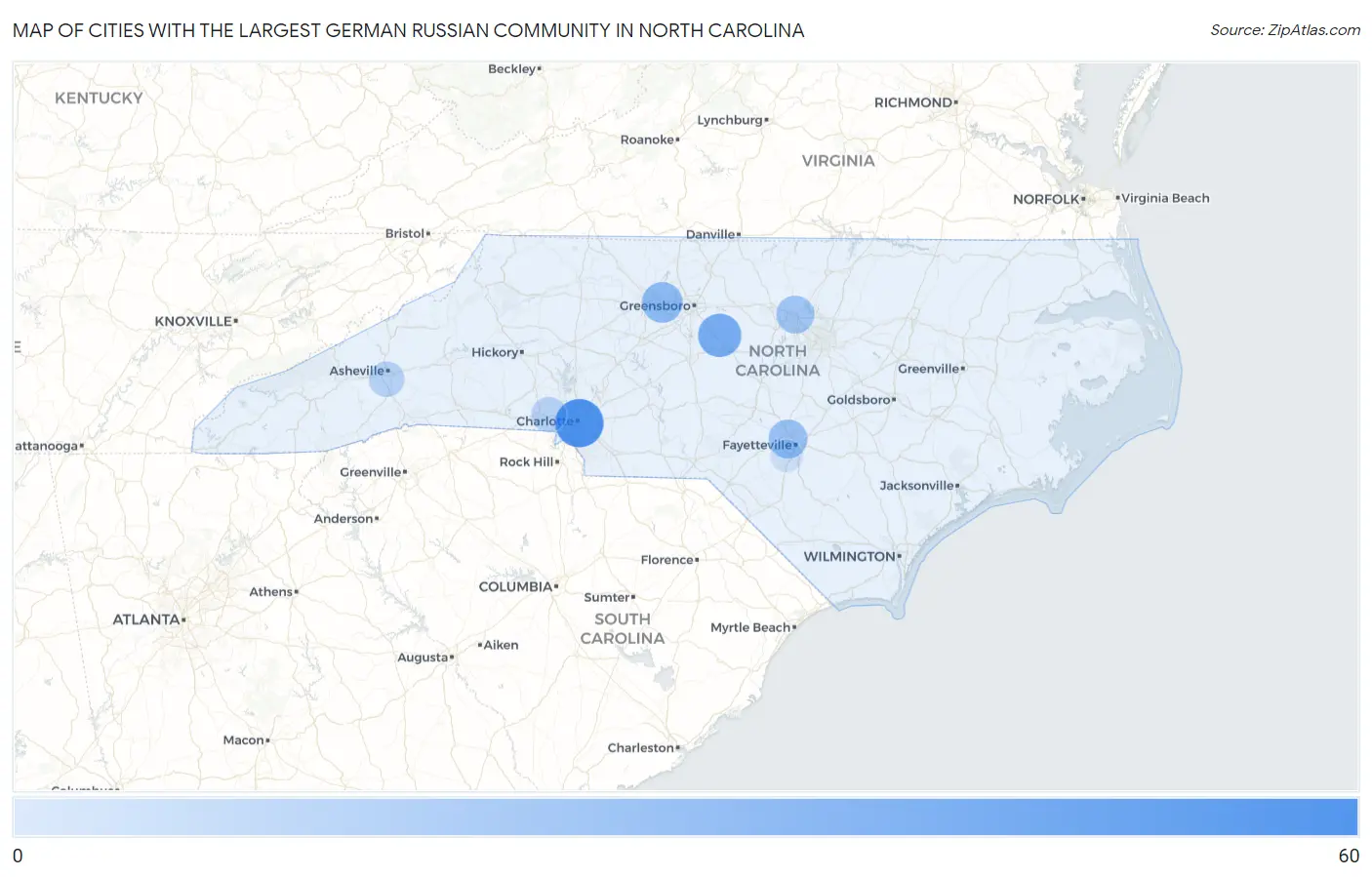 Cities with the Largest German Russian Community in North Carolina Map
