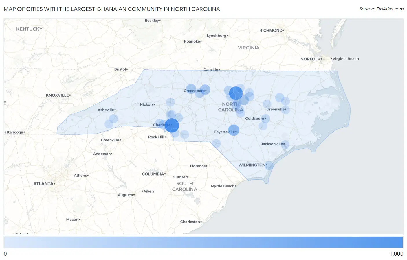 Cities with the Largest Ghanaian Community in North Carolina Map