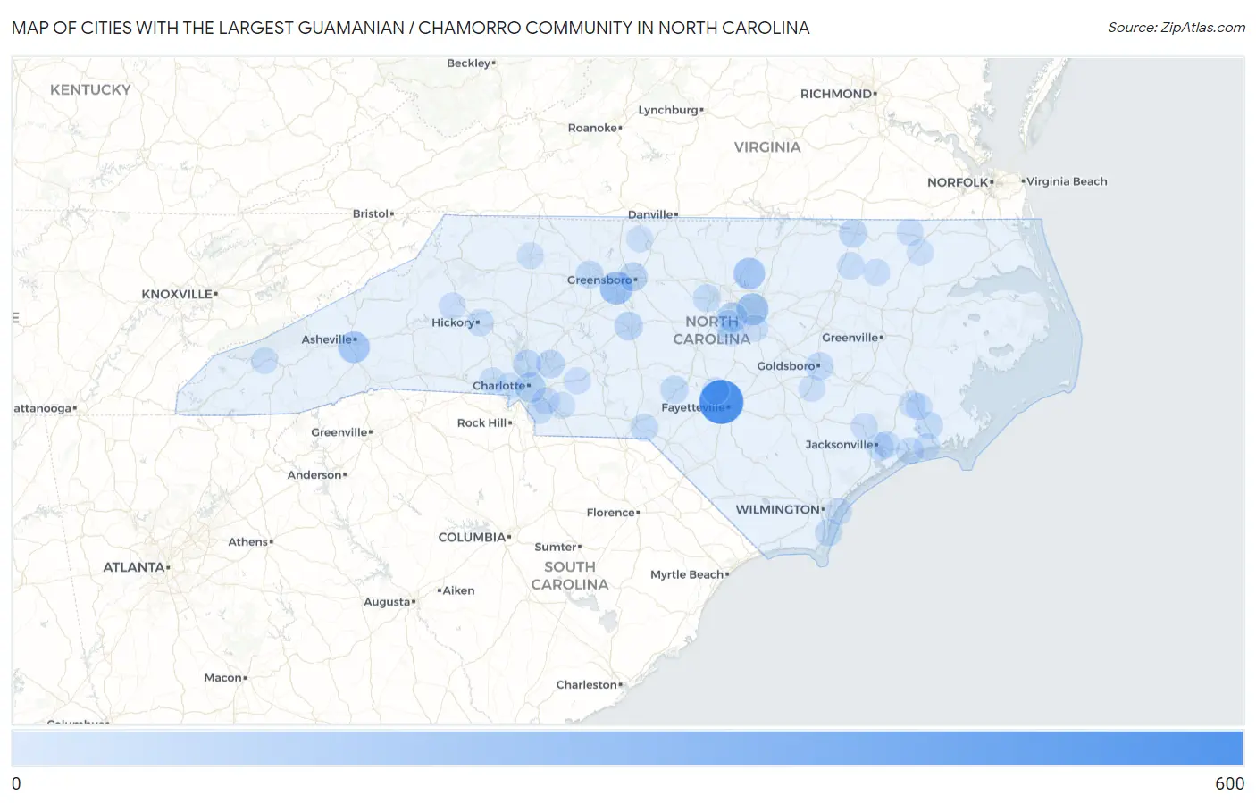 Cities with the Largest Guamanian / Chamorro Community in North Carolina Map