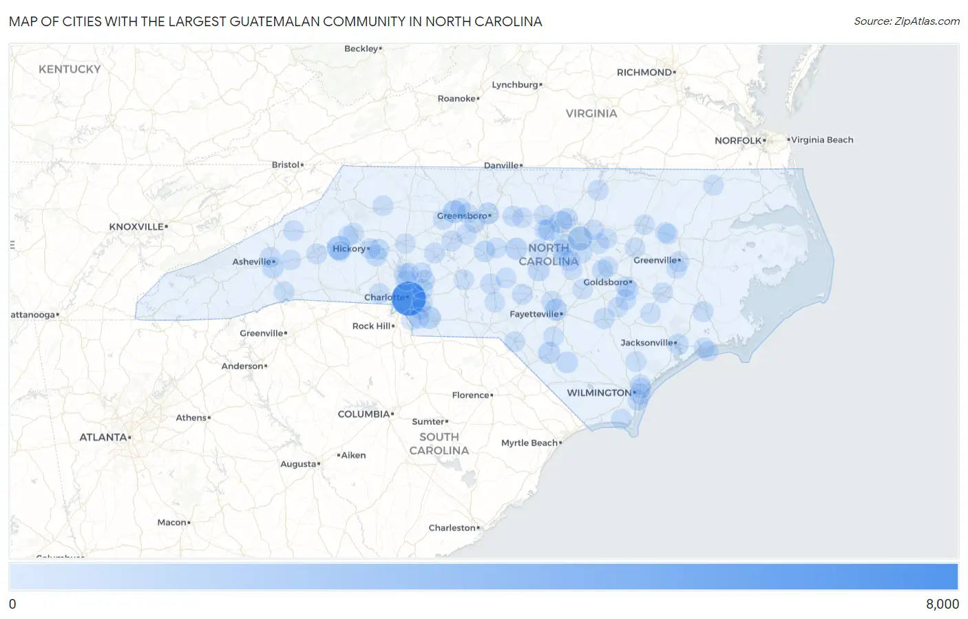 Cities with the Largest Guatemalan Community in North Carolina Map