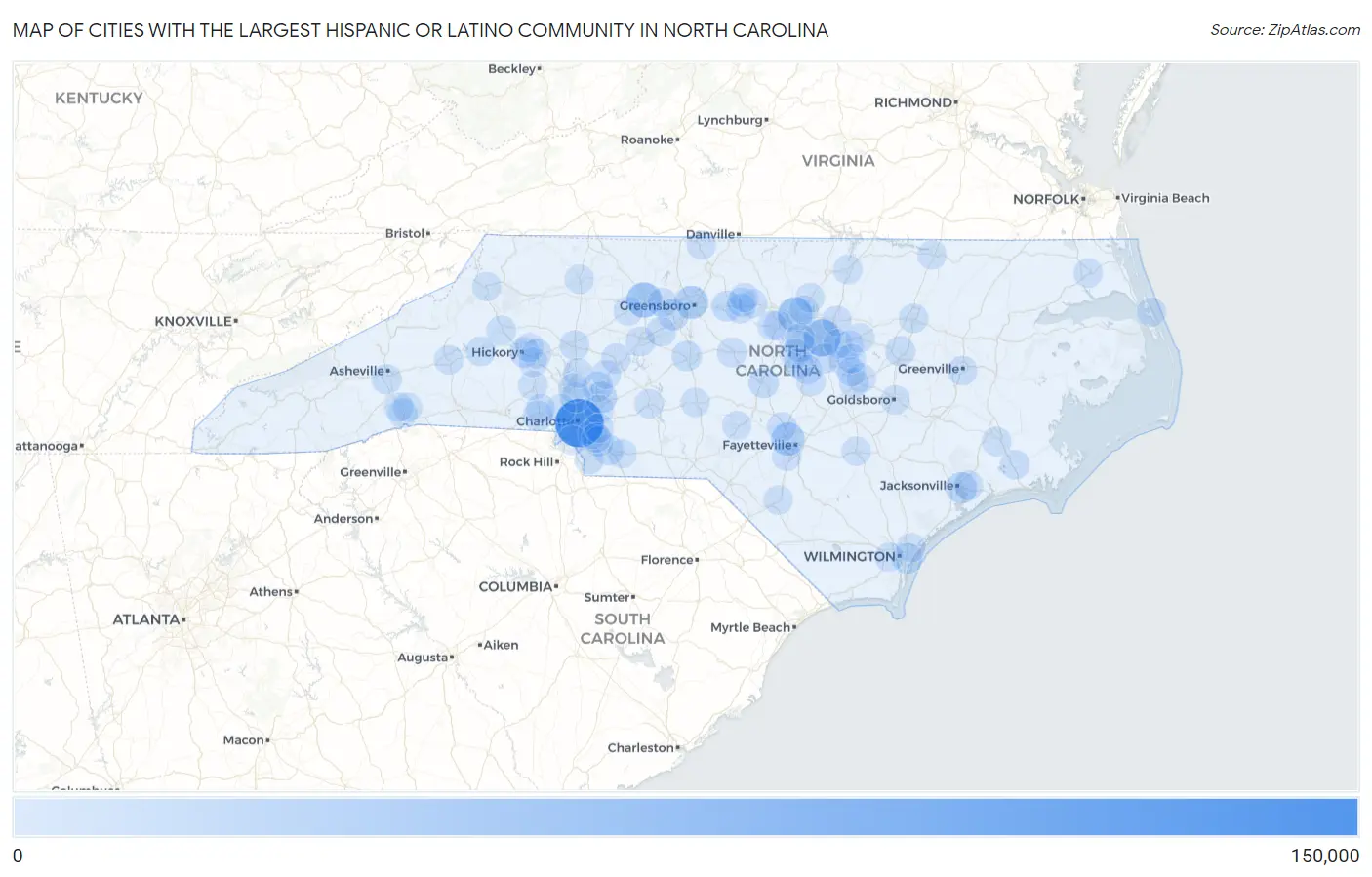 Cities with the Largest Hispanic or Latino Community in North Carolina Map