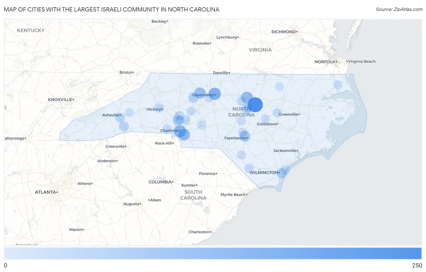 Cities with the Largest Israeli Community in North Carolina Map