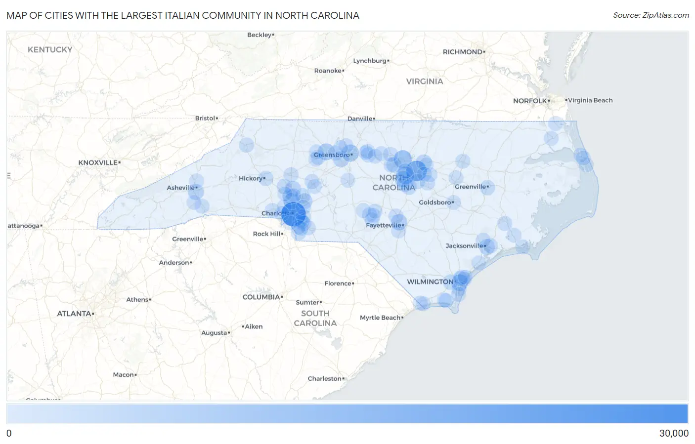 Cities with the Largest Italian Community in North Carolina Map