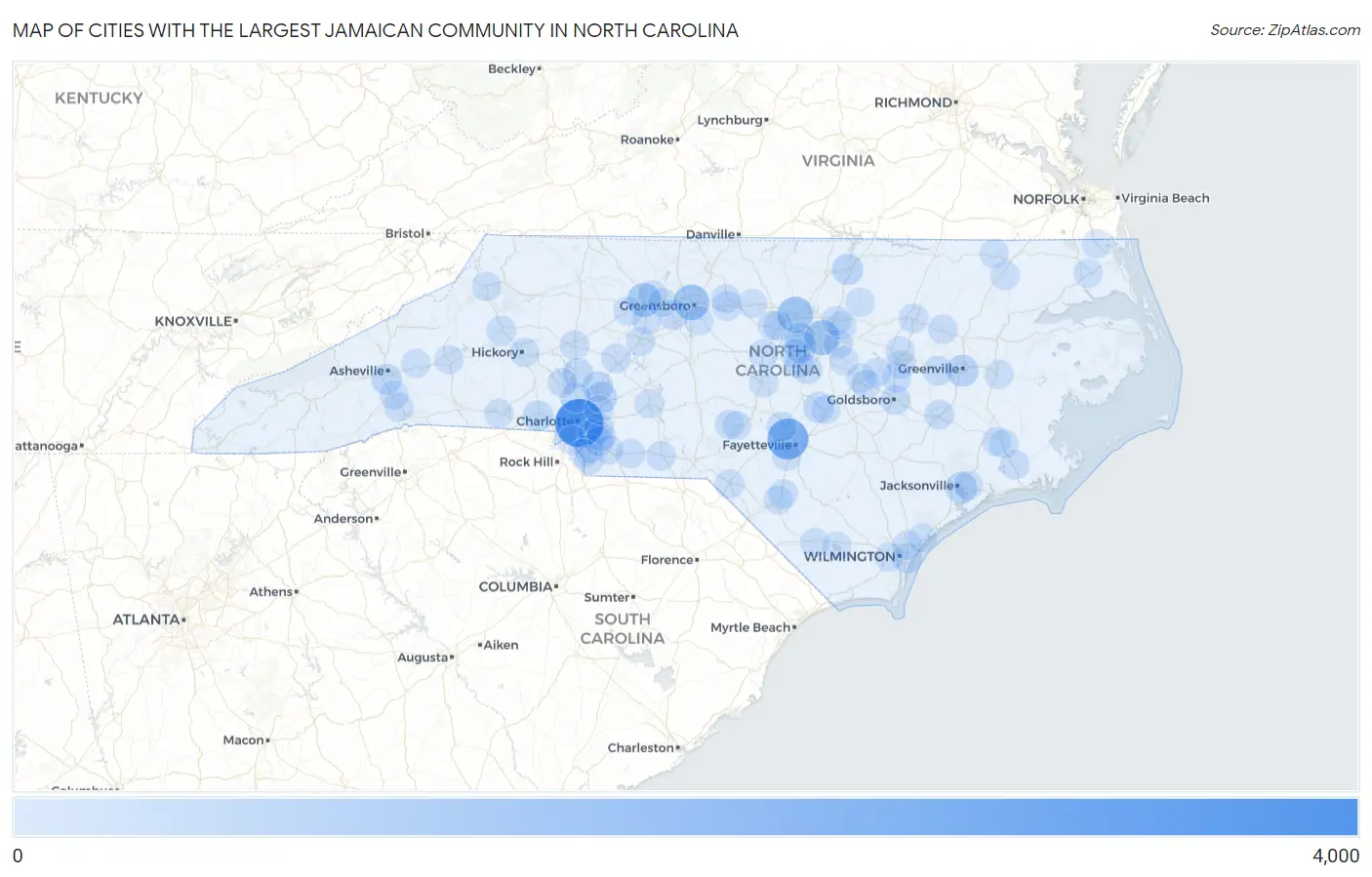 Cities with the Largest Jamaican Community in North Carolina Map