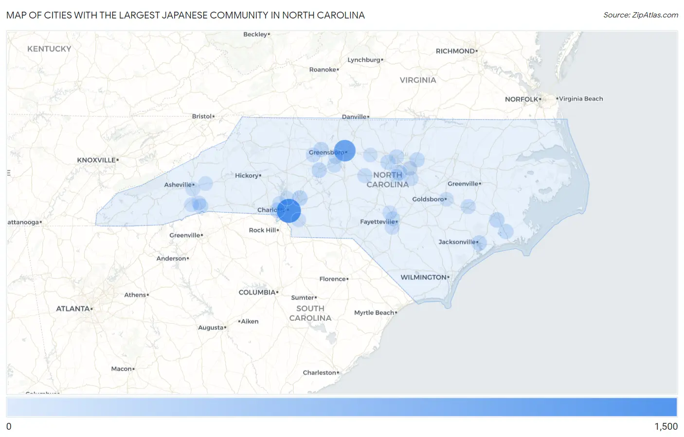 Cities with the Largest Japanese Community in North Carolina Map