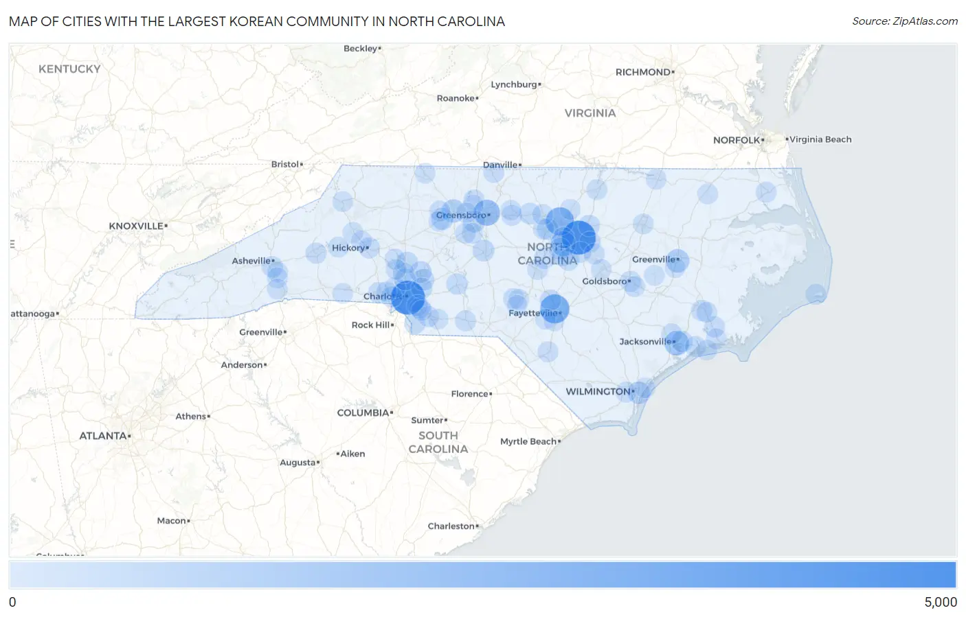 Cities with the Largest Korean Community in North Carolina Map