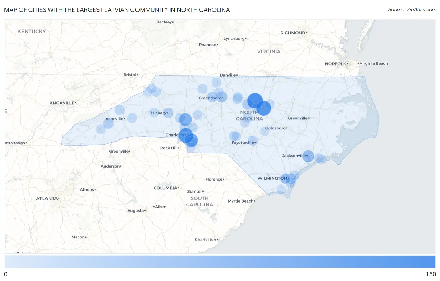 Cities with the Largest Latvian Community in North Carolina Map