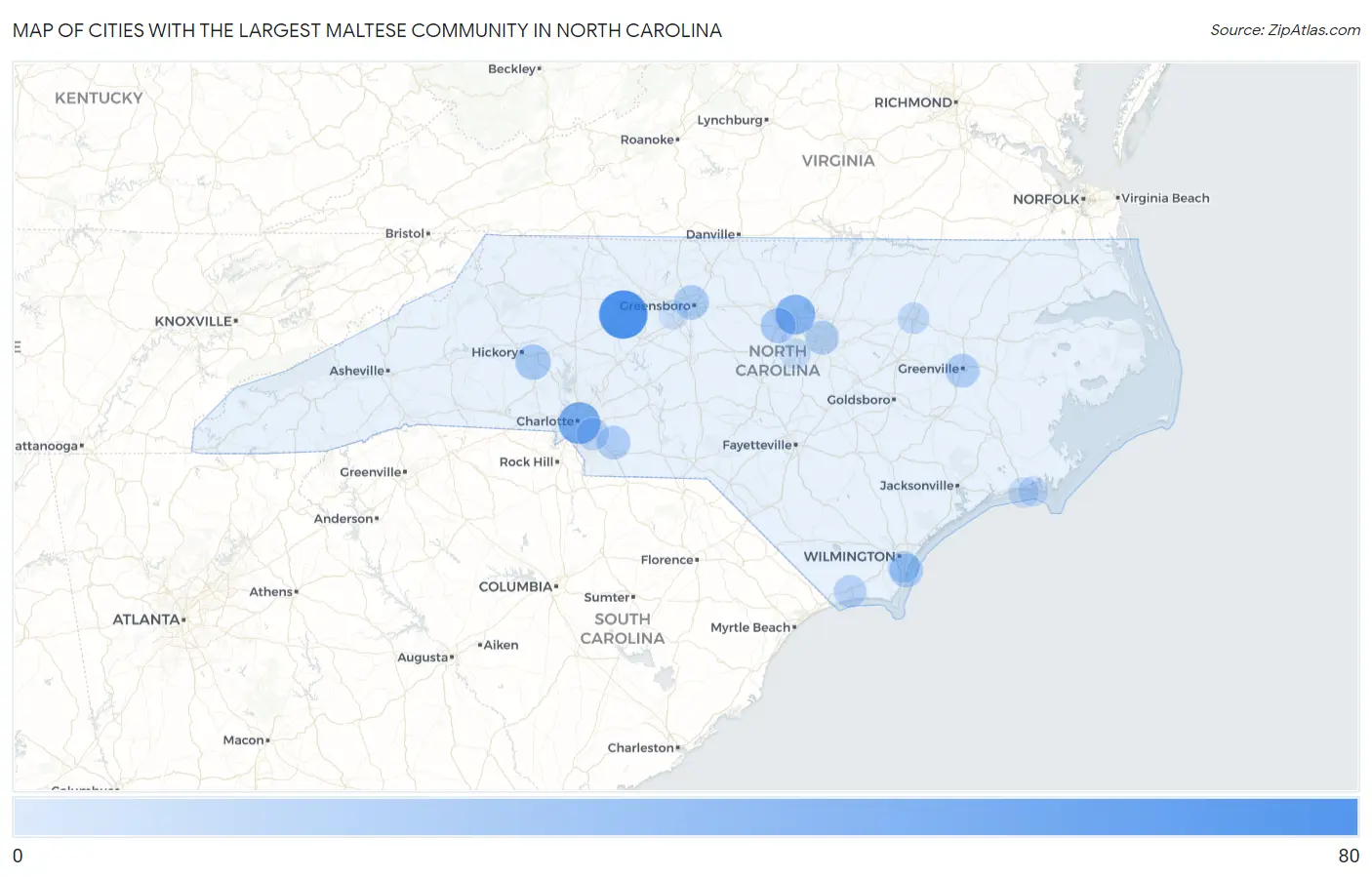 Cities with the Largest Maltese Community in North Carolina Map