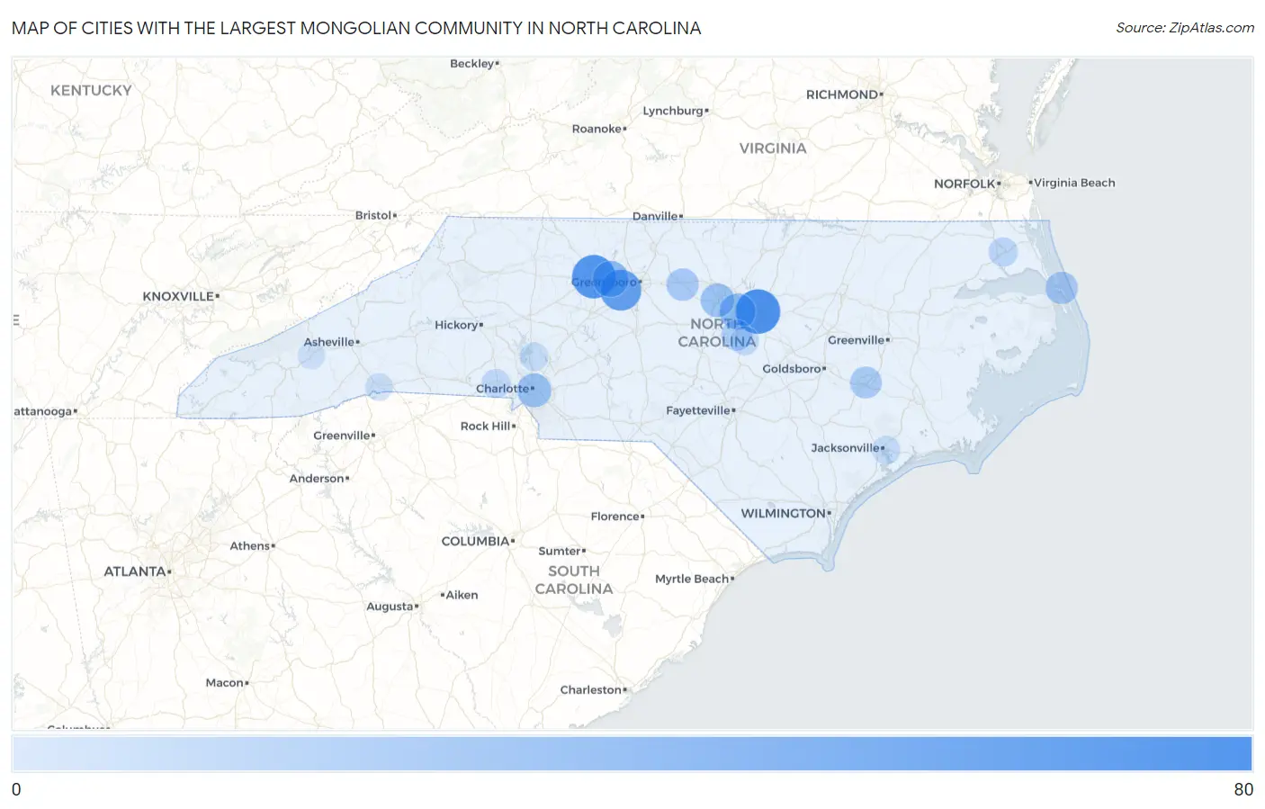 Cities with the Largest Mongolian Community in North Carolina Map