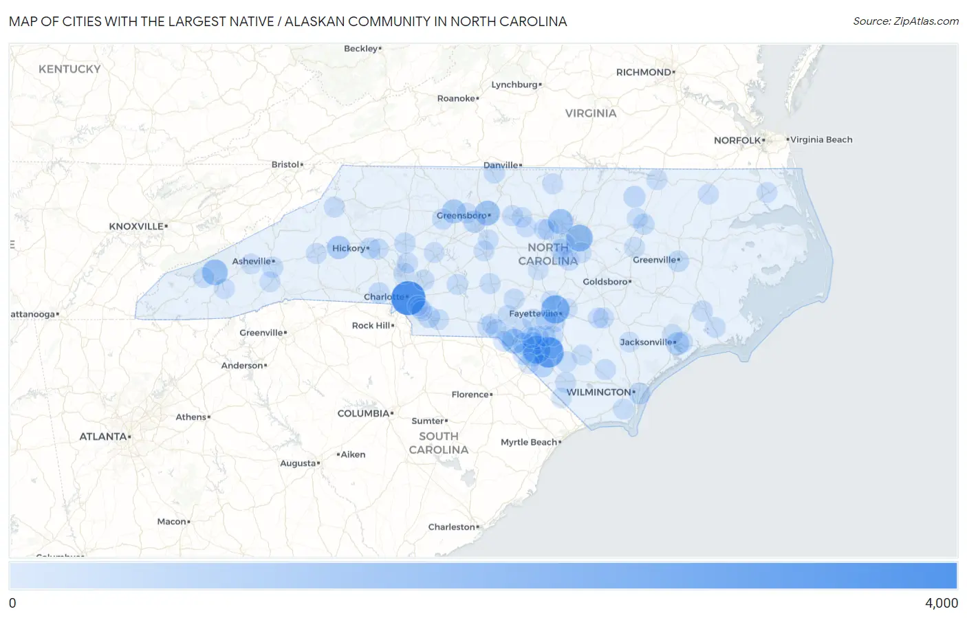 Cities with the Largest Native / Alaskan Community in North Carolina Map