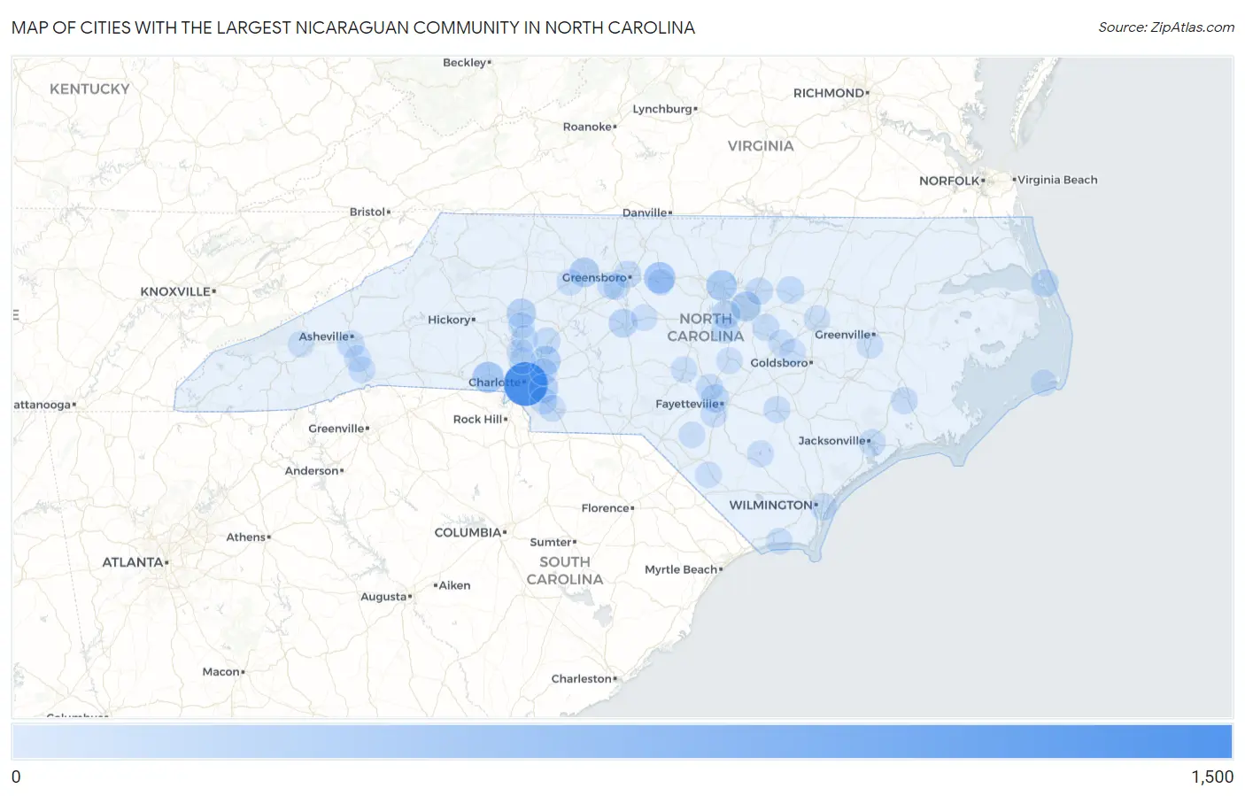 Cities with the Largest Nicaraguan Community in North Carolina Map